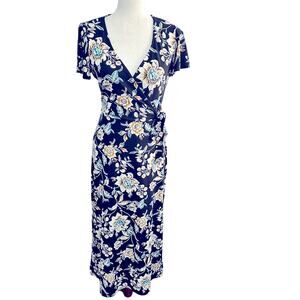 Fortune & Ivy Size M Black Floral Midi Faux Wrap Dress Stretch Career Church